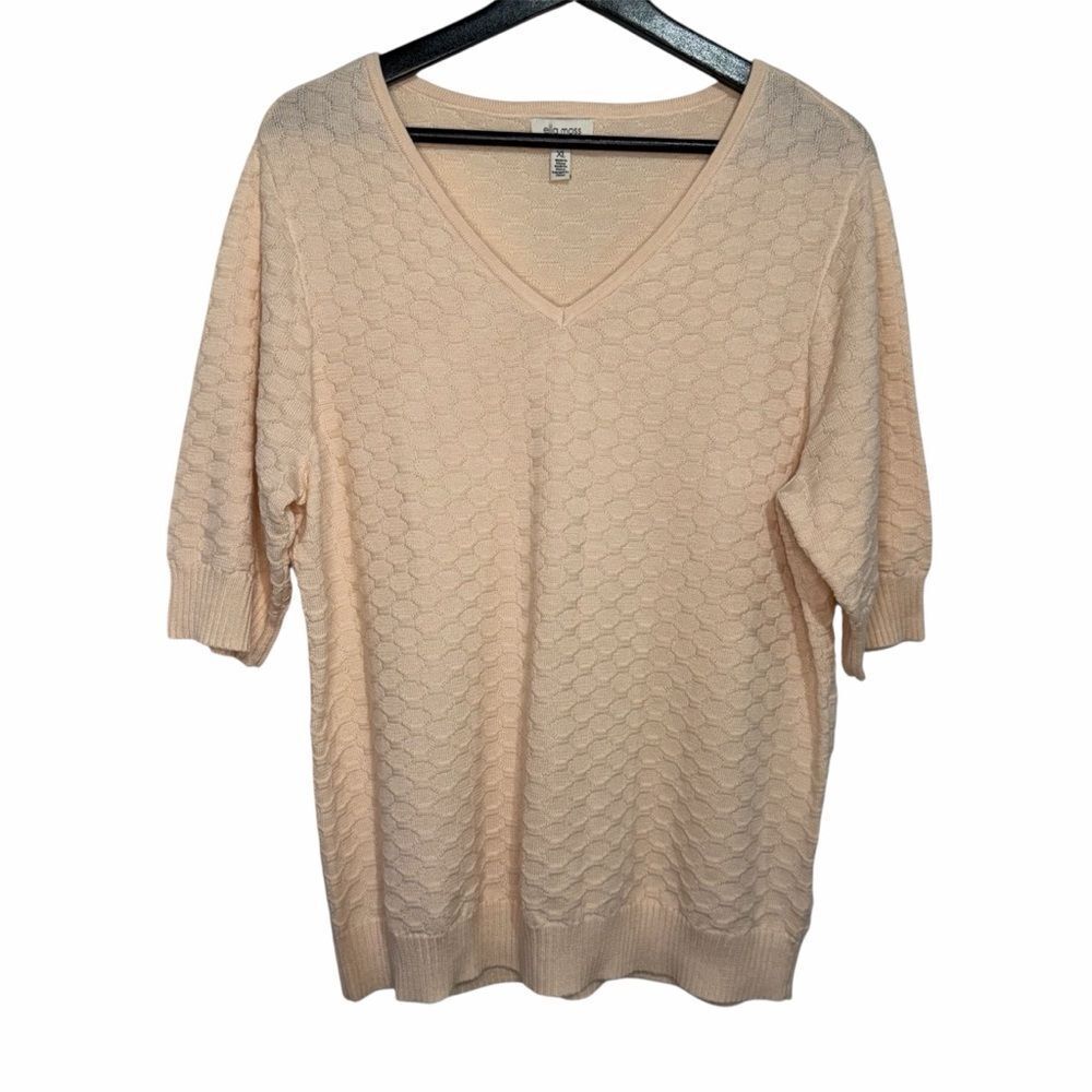 Ella Moss Honeycomb Knit Elbow Sleeve Sweater Top size XL Peach V-Neck